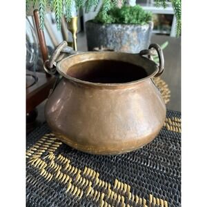 Antique VTG Hammered Handled Linked Copper Cauldron Fire Stove Kettle Patina